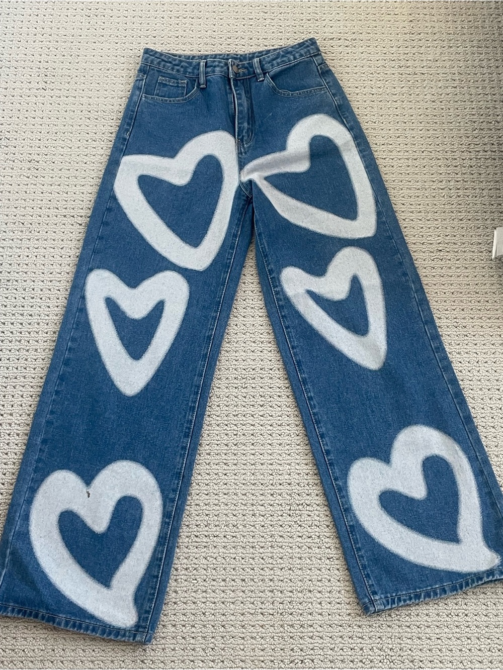 SHEIN Blue Denim Wide-Leg Jeans with White Heart